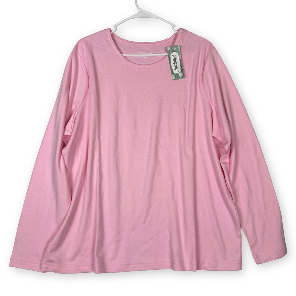 National UltraSofts Pink Long Sleeve Picot Trim Crew Neck Top 2X 9661 NEW